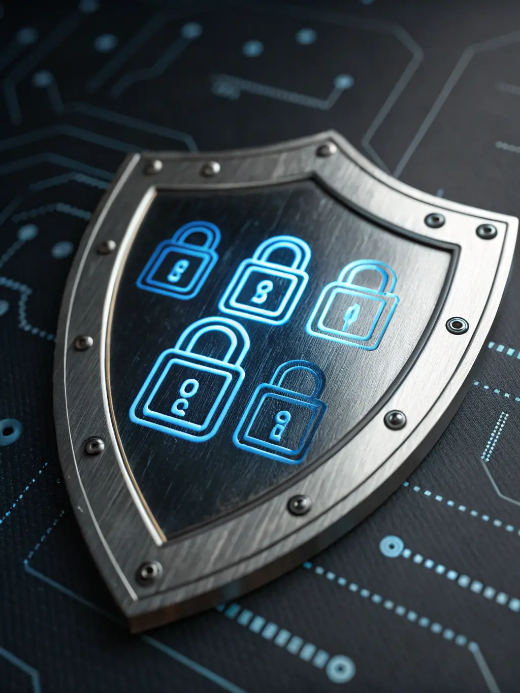 An image of a digital shield with multiple layers, representing the multi-layered security approach of Logic Academy Payment solution to protect against fraud and unauthorized access.