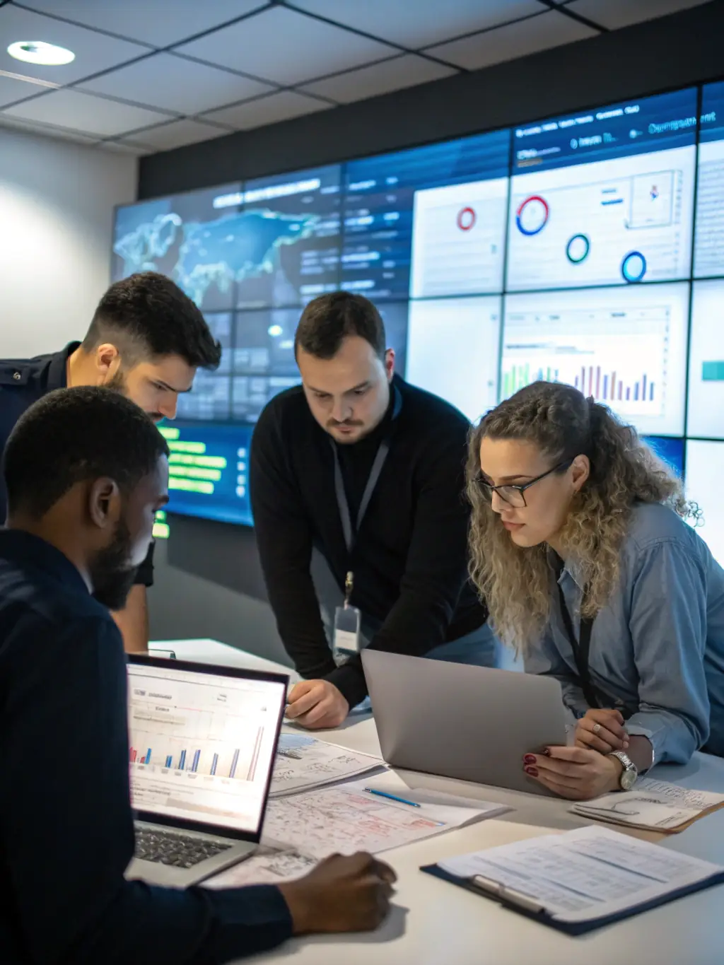 A professional photograph of a diverse team of cybersecurity experts collaborating in a modern office setting, symbolizing RecoverAssets' collaborative approach and expertise.